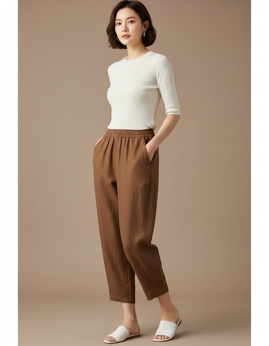 Pantalon Chino Marron Lin Ample Décontracté Fluide