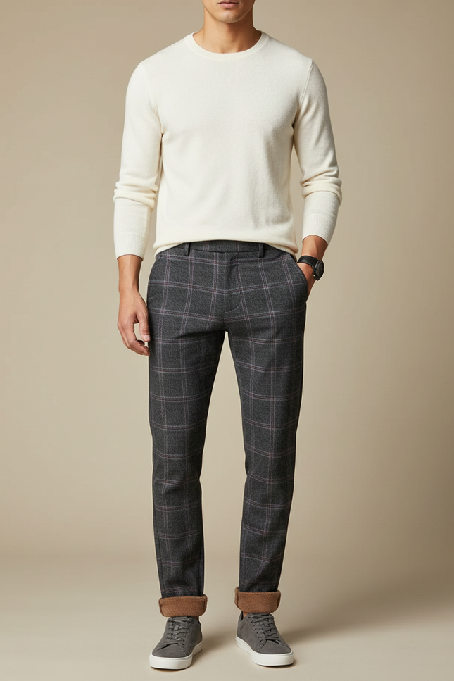 Pantalon Chino Homme Gris Carreaux Slim Doublé Polaire - Laine