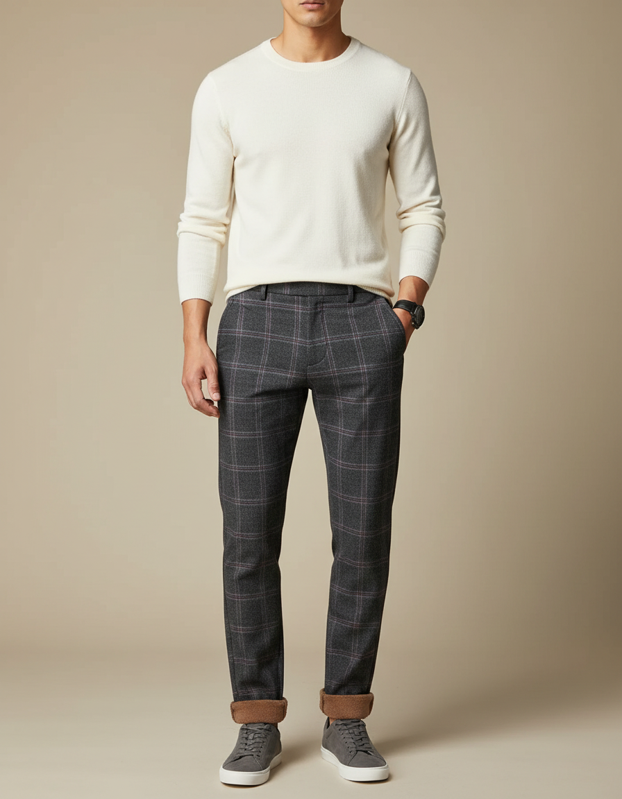 Pantalon Chino Homme Gris Carreaux Slim Doublé Polaire - Laine