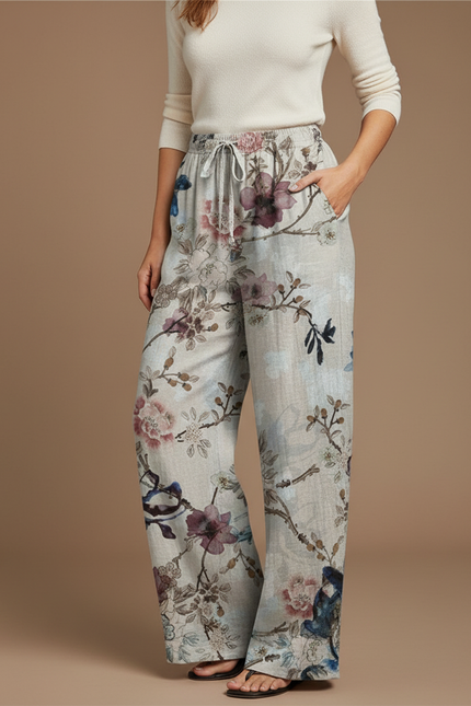 Pantalon Chino Large Imprimé Floral Fluide Respirant Beige - Lin
