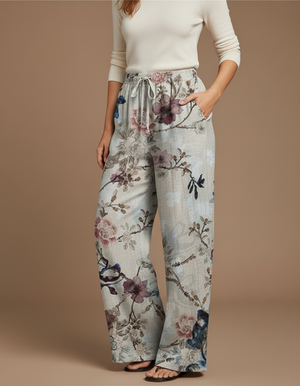 Pantalon Chino Large Imprimé Floral Fluide Respirant Beige - Lin