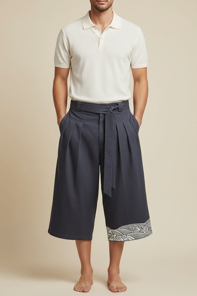 Pantalon Chino Gris Ample Coton Imprimé Vague Japonais