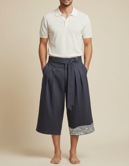 Pantalon Chino Gris Ample Coton Imprimé Vague Japonais