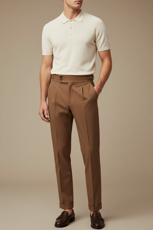 Pantalon Chino Marron Plissé Taille Haute Élégant Homme - Gabardine