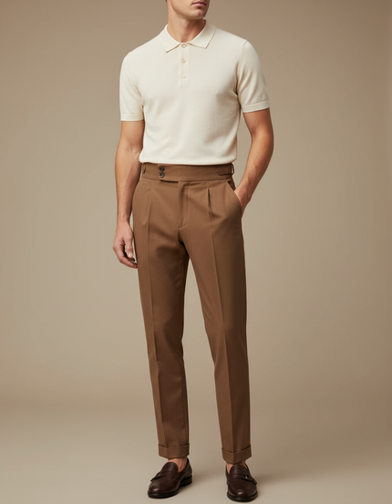 Pantalon Chino Marron Plissé Taille Haute Élégant Homme - Gabardine
