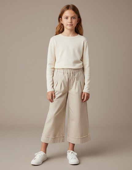 Pantalon Chino Beige Coton Ample Fille Décontracté - Gabardine