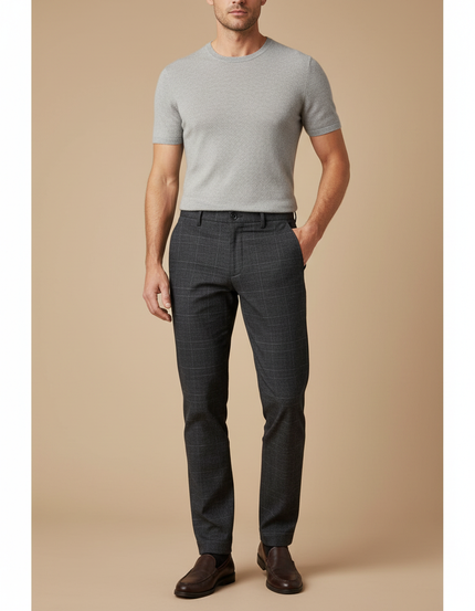 Pantalon Chino Gris Anthracite Carreaux Slim Homme - Laine