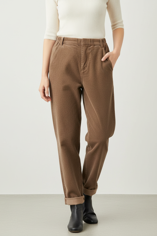 Pantalon Chino Femme Marron Tapered - Cordé