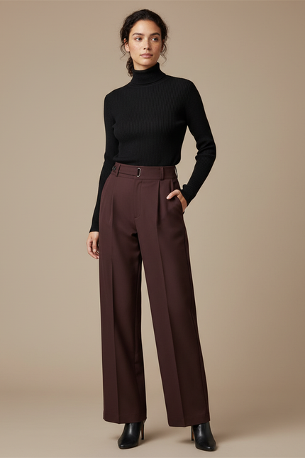 Pantalon Chino Marron Ample Plissé Taille Haute Femme - Gabardine