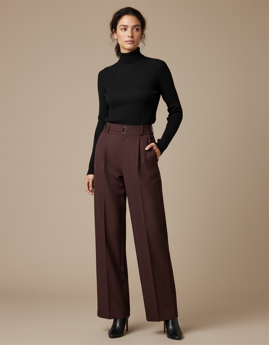 Pantalon Chino Marron Ample Plissé Taille Haute Femme - Gabardine