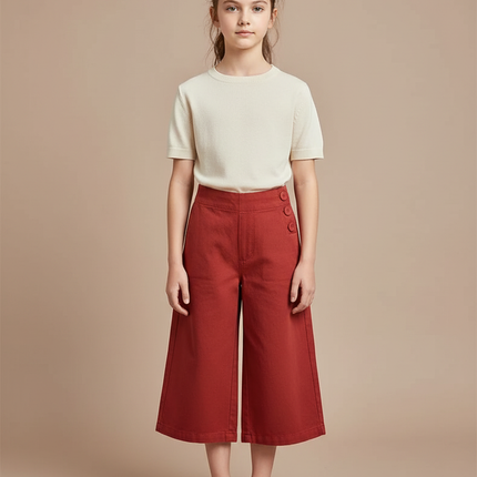Pantalon Chino Rouge Brique Coton Large Fille Boutons