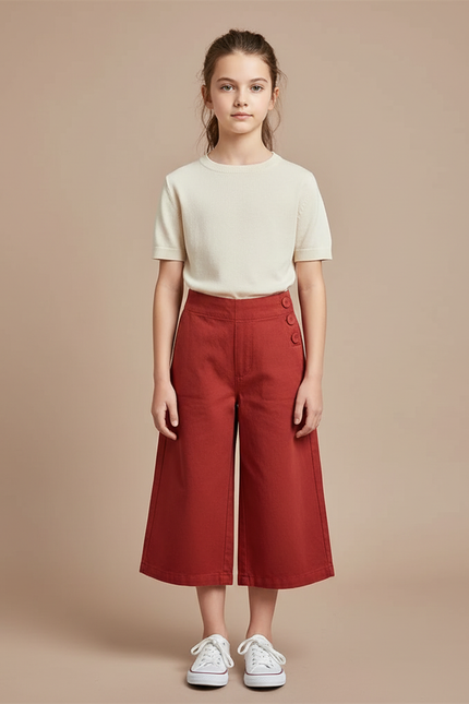 Pantalon Chino Rouge Brique Coton Large Fille Boutons