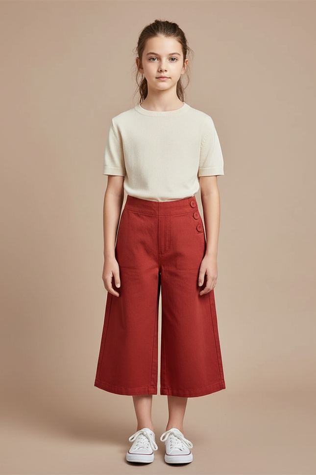 Pantalon Chino Rouge Brique Coton Large Fille Boutons