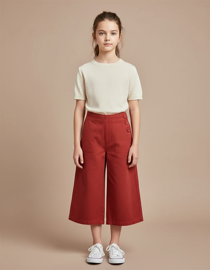 Pantalon Chino Rouge Brique Coton Large Fille Boutons