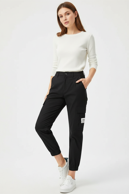Pantalon Chino Noir Cargo Taille Haute Femme - Gabardine