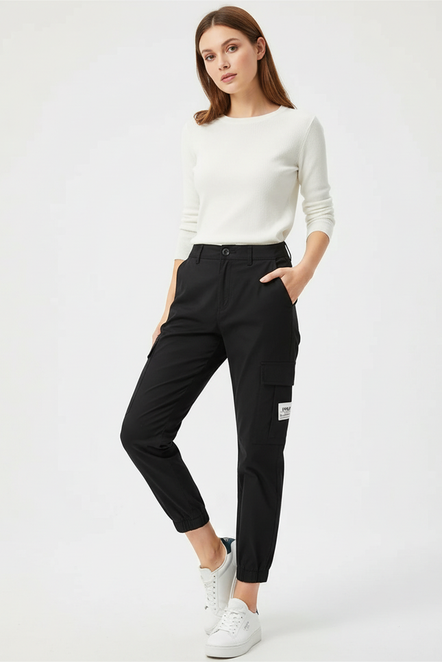 Pantalon Chino Noir Cargo Taille Haute Femme - Gabardine