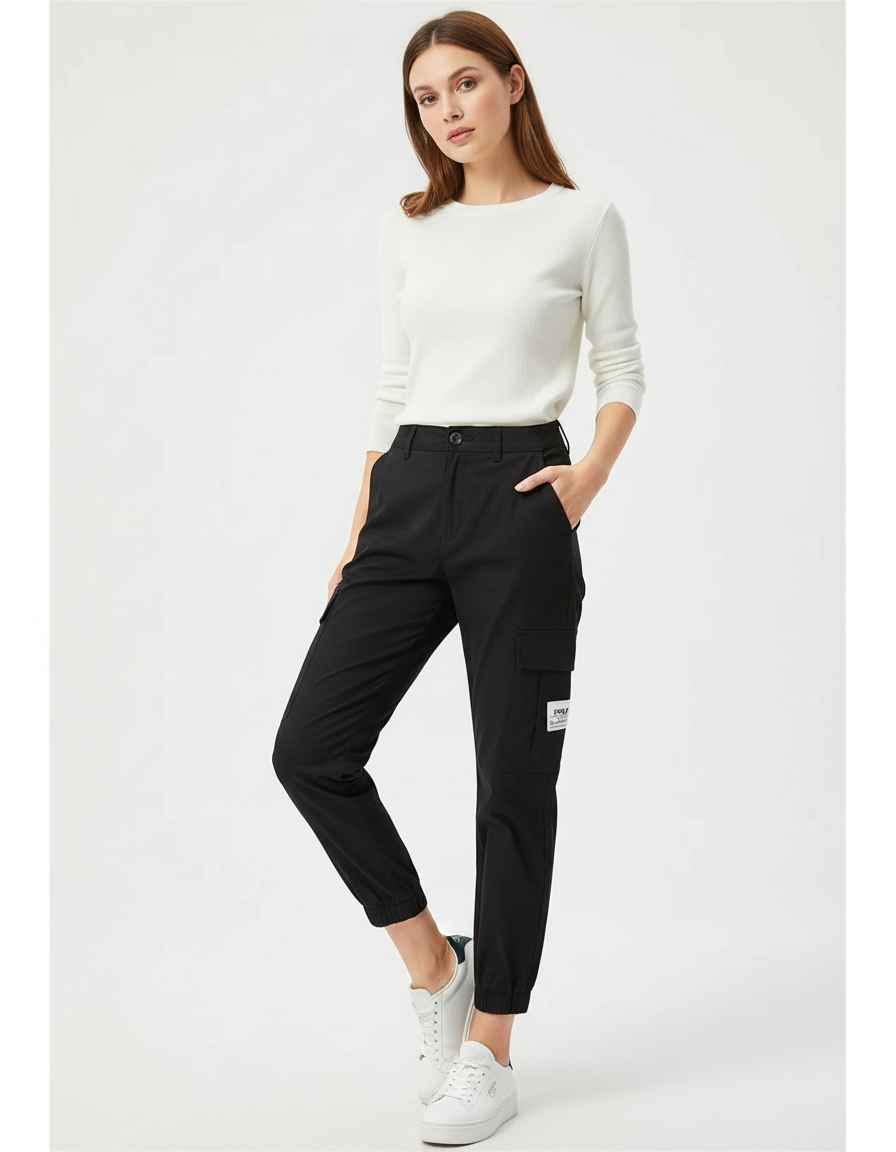 Pantalon Chino Noir Cargo Taille Haute Femme - Gabardine