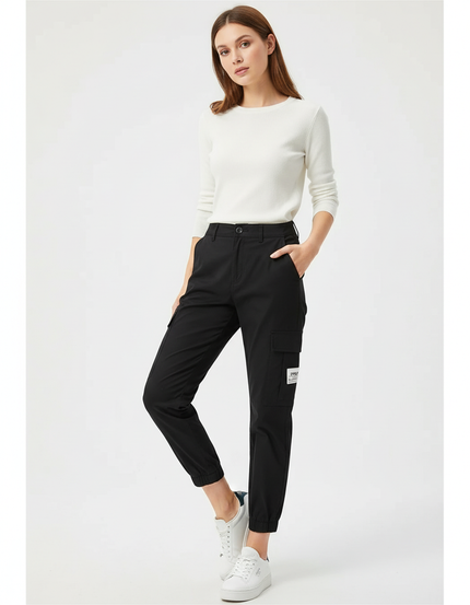 Pantalon Chino Noir Cargo Taille Haute Femme - Gabardine