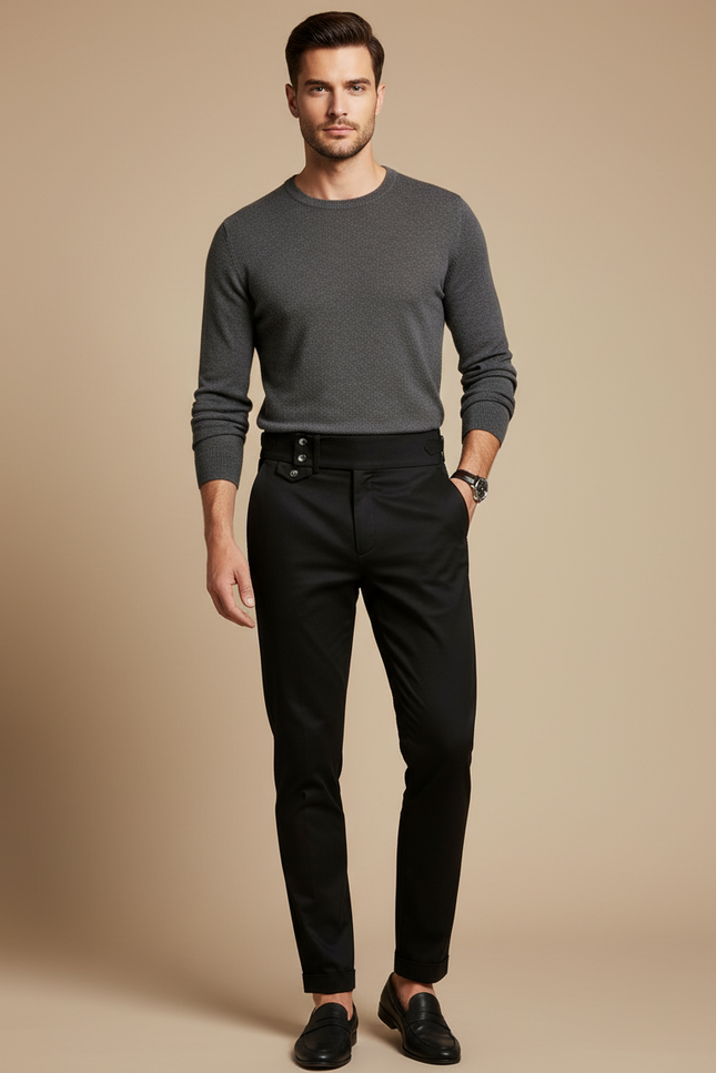Pantalon Chino Noir Slim Taille Haute Homme - Gabardine