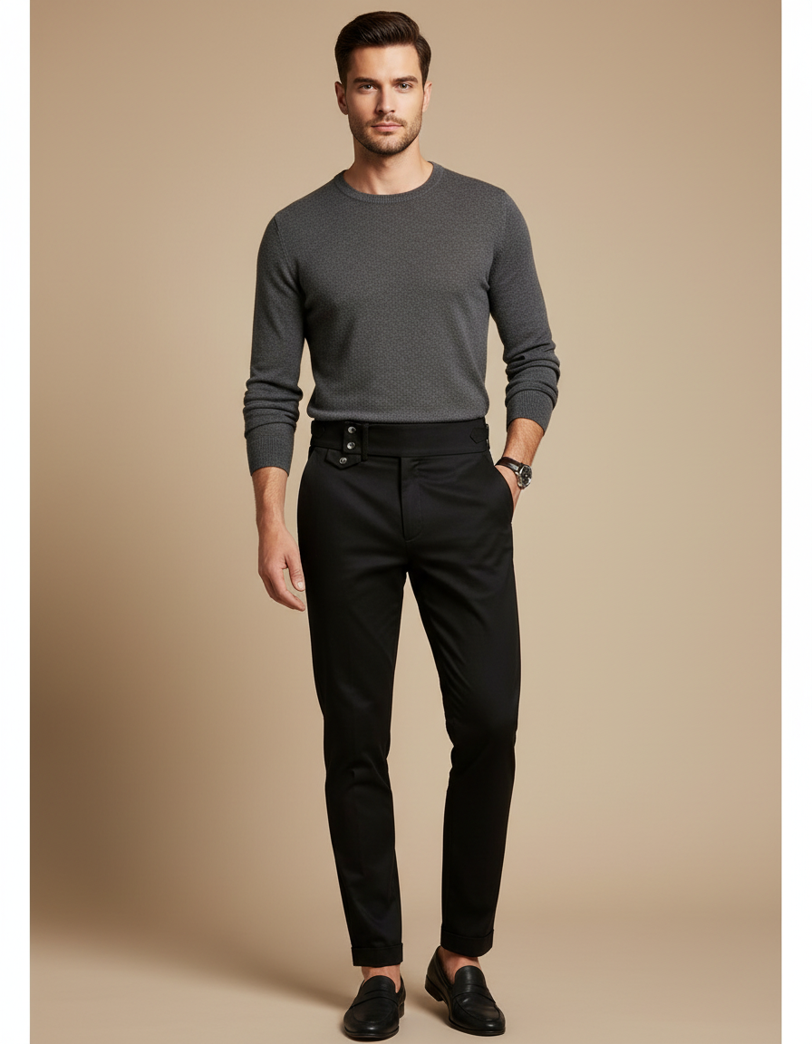 Pantalon Chino Noir Slim Taille Haute Homme - Gabardine