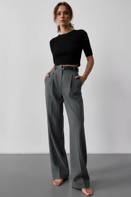 Pantalon Chino Gris Plissé Ample Élégant Femme - Gabardine