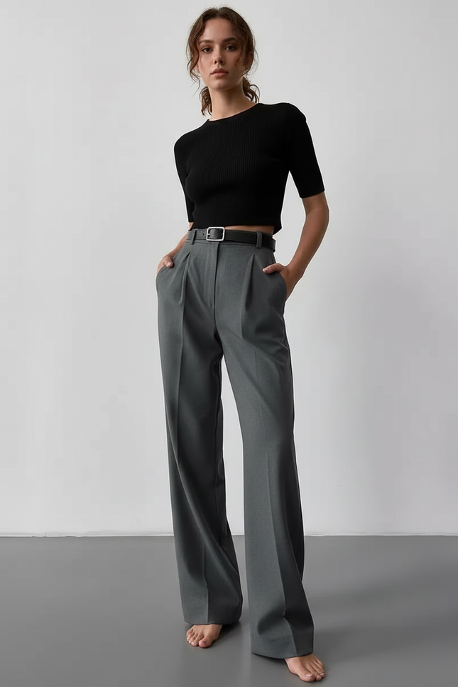 Pantalon Chino Gris Plissé Ample Élégant Femme - Gabardine
