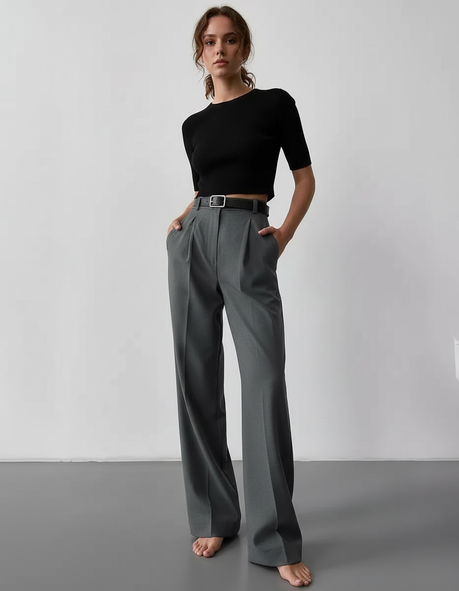 Pantalon Chino Gris Plissé Ample Élégant Femme - Gabardine