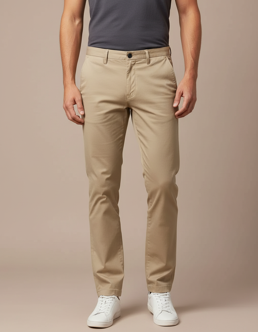 Pantalon Chino Beige Coton Décontracté Homme Coupe Droite