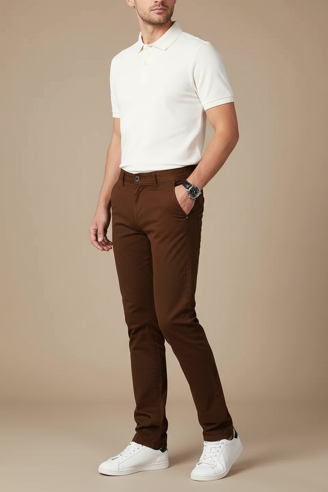 Pantalon Chino Marron Coton Slim Décontracté Homme