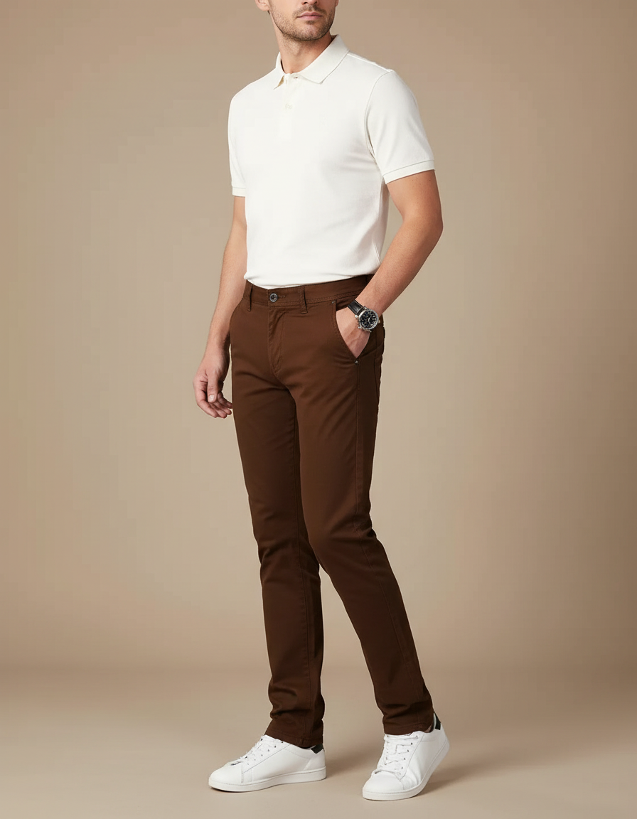Pantalon Chino Marron Coton Slim Décontracté Homme