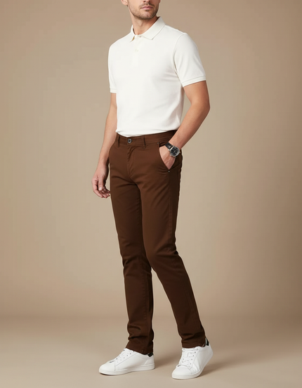 Pantalon Chino Marron Coton Slim Décontracté Homme