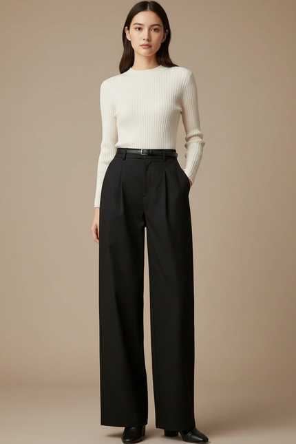Pantalon Chino Noir Ample Fluide Élégant Ceinturé - Gabardine