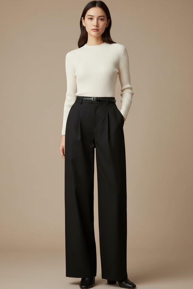 Pantalon Chino Noir Ample Fluide Élégant Ceinturé - Gabardine