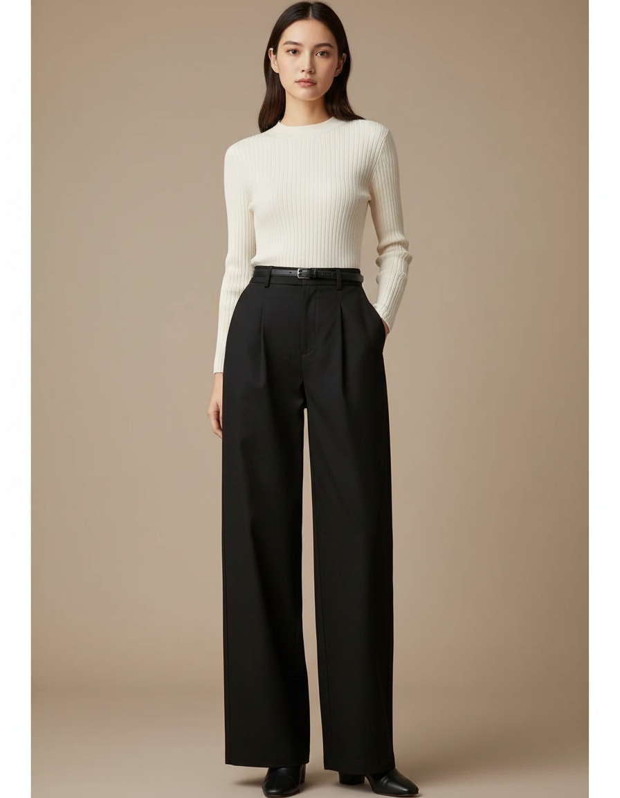 Pantalon Chino Noir Ample Fluide Élégant Ceinturé - Gabardine