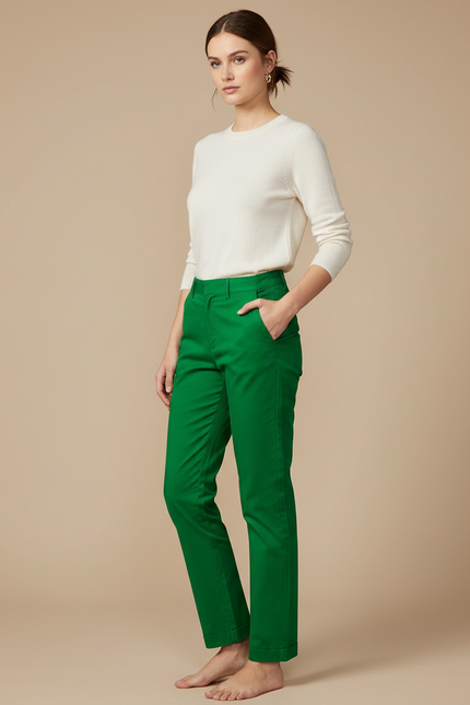 Pantalon Chino Vert Droit Coton Élastique Décontracté Femme