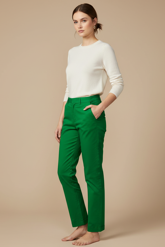 Pantalon Chino Vert Droit Coton Élastique Décontracté Femme