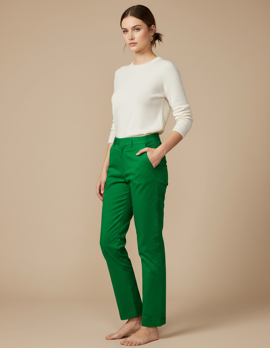 Pantalon Chino Vert Droit Coton Élastique Décontracté Femme