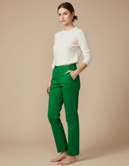 Pantalon Chino Vert Droit Coton Élastique Décontracté Femme