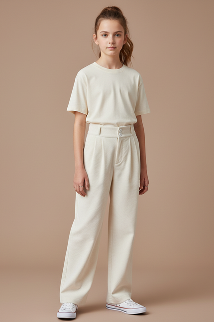 Pantalon Chino Crème Côtelé Ample Enfant Décontracté - Beige Cordé