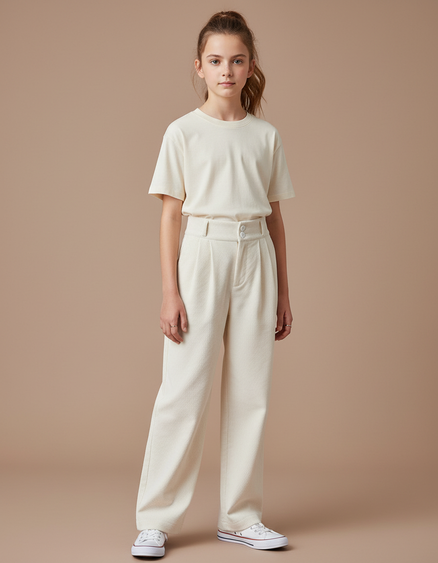 Pantalon Chino Crème Côtelé Ample Enfant Décontracté - Beige Cordé