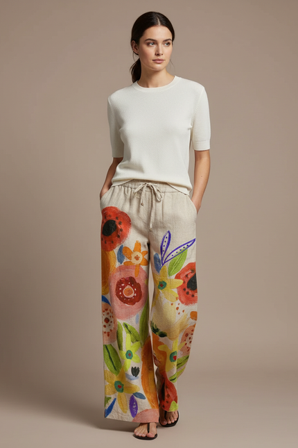 Pantalon Chino Lin Ample Imprimé Floral Bohème Femme - Multicolore