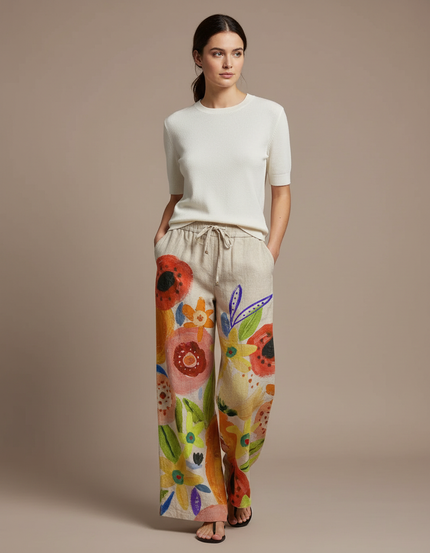 Pantalon Chino Lin Ample Imprimé Floral Bohème Femme - Multicolore