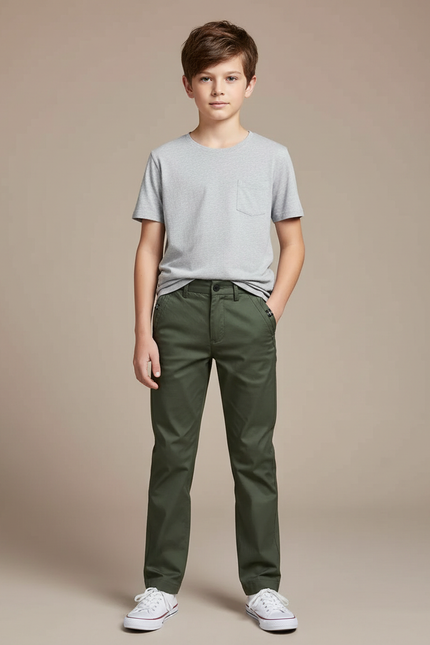 Pantalon Chino Vert Kaki Coton Droit Garçon Décontracté