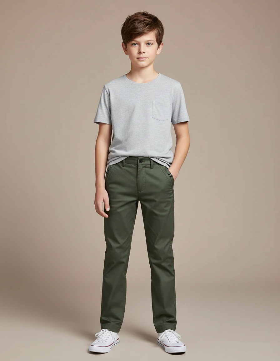 Pantalon Chino Vert Kaki Coton Droit Garçon Décontracté