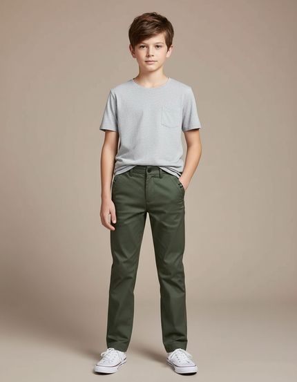 Pantalon Chino Vert Kaki Coton Droit Garçon Décontracté
