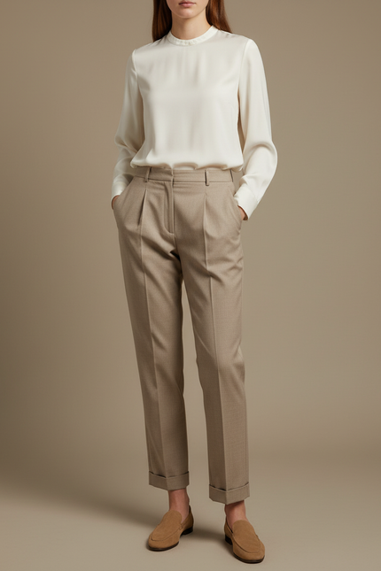 Pantalon Chino Beige Plissé Taille Haute Femme - Gabardine