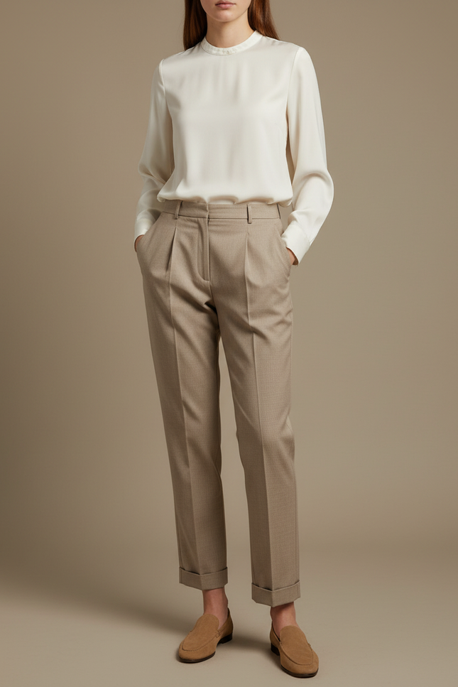 Pantalon Chino Beige Plissé Taille Haute Femme - Gabardine
