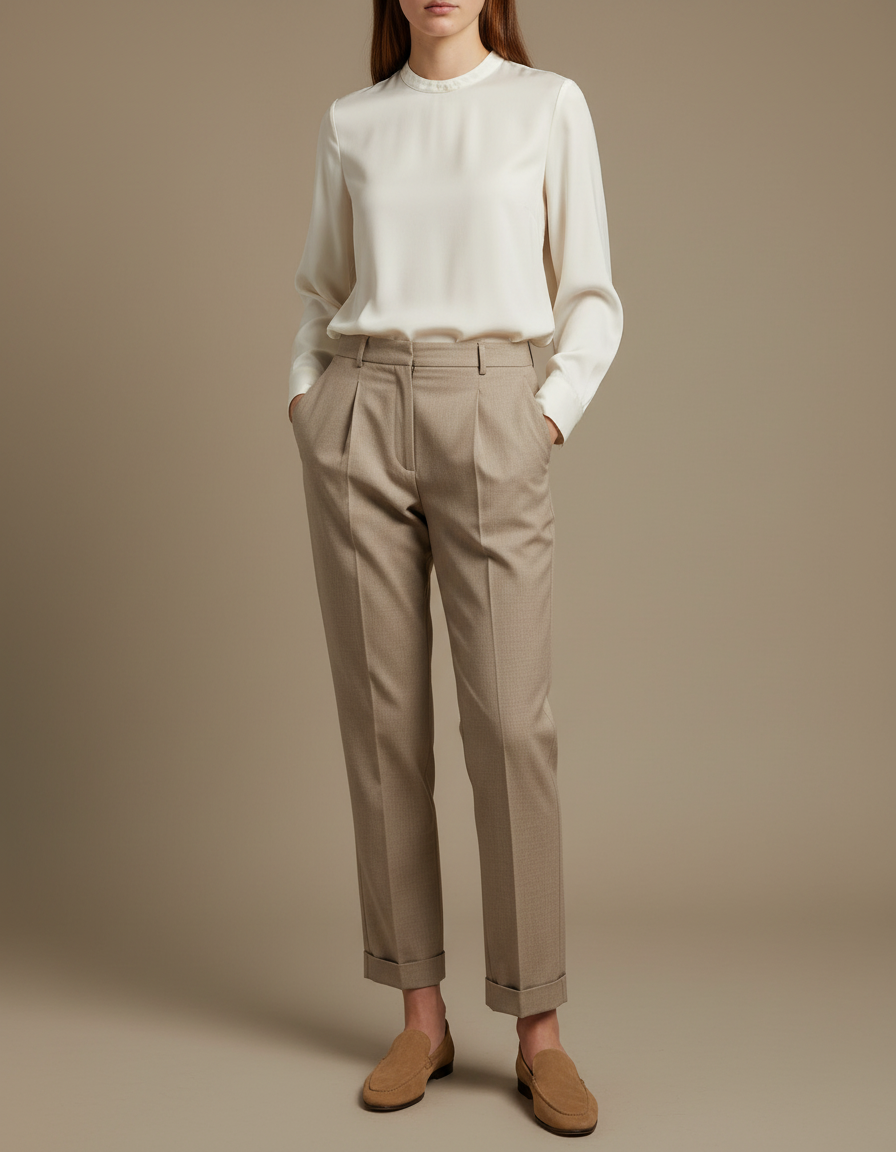 Pantalon Chino Beige Plissé Taille Haute Femme - Gabardine
