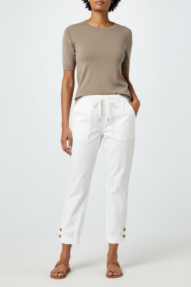 Pantalon Chino Blanc Coton Taille Haute Boutons Femme