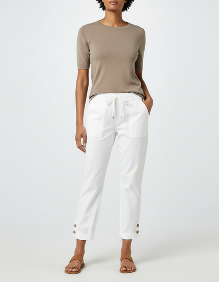Pantalon Chino Blanc Coton Taille Haute Boutons Femme